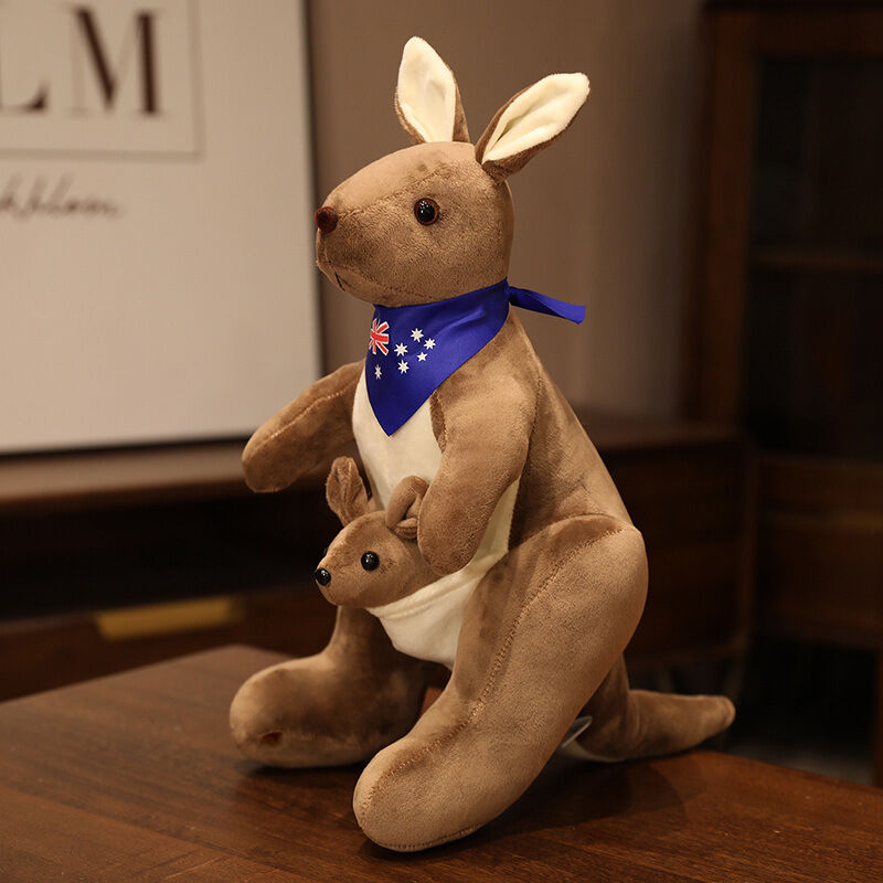 Kangaroo Stuffed Animal with Joey in Pouch &amp; Australia Scarf - Soft Cuddly Plush Toy(45cm, Dark brown
)| Other Colors Available in Store