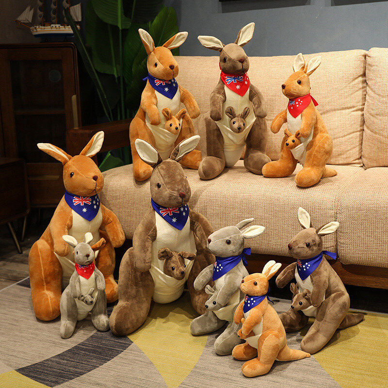Kangaroo Stuffed Animal with Joey in Pouch & Australia Scarf - Soft Cuddly Plush Toy(45cm, Dark brown
)| Other Colors Available in Store