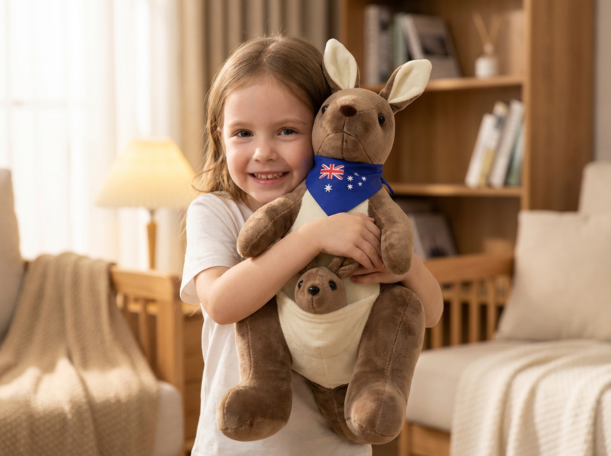 Kangaroo Stuffed Animal with Joey in Pouch & Australia Scarf - Soft Cuddly Plush Toy(55cm, Dark brown
)| Other Colors Available in Store