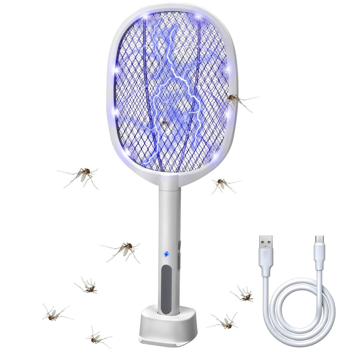 Dual-Mode UV Electric Mosquito Swatter with LED Attraction &amp; 3000V Zapper – Rechargeable Bug Killer for Indoor and Outdoor Use (White)