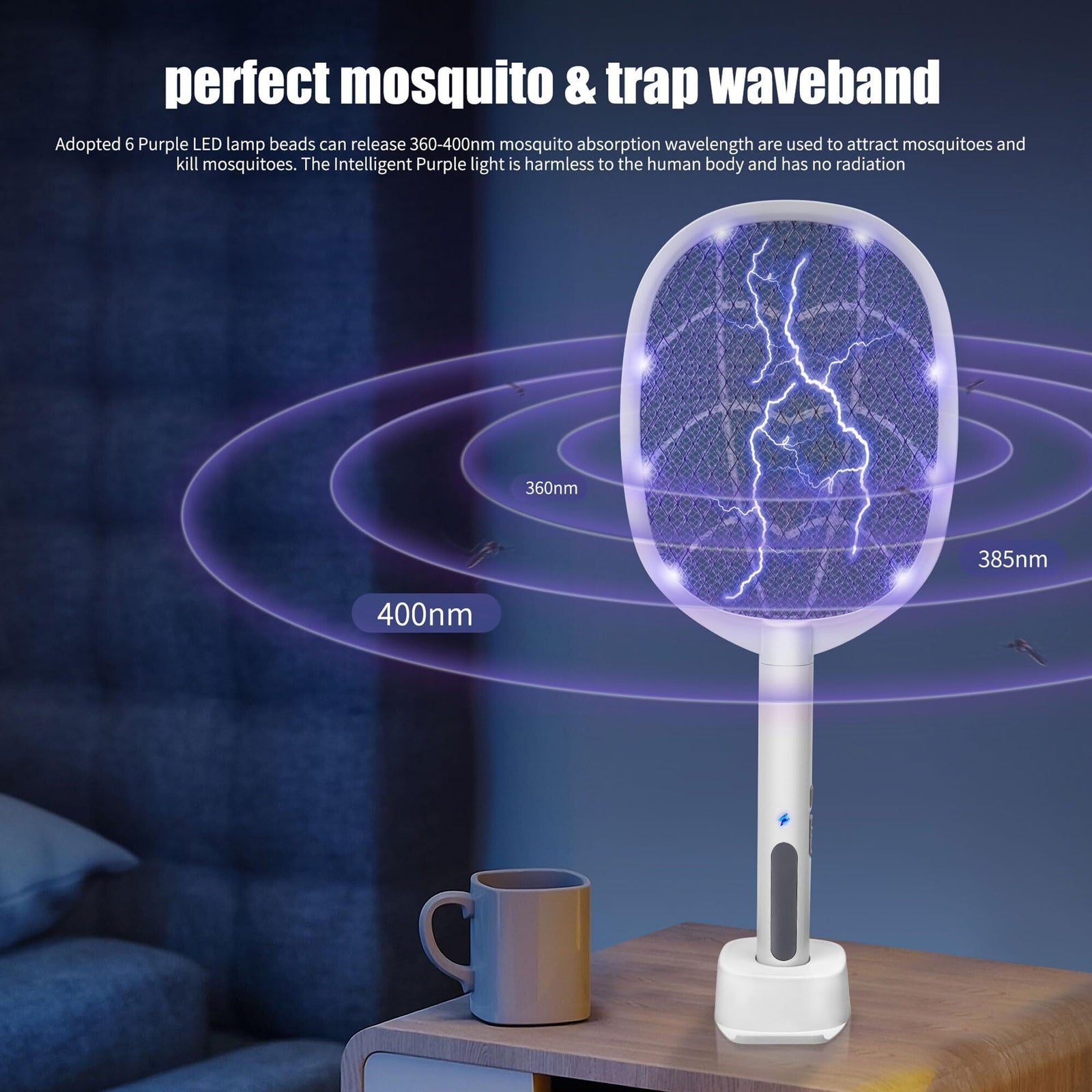 Dual-Mode UV Electric Mosquito Swatter with LED Attraction & 3000V Zapper – Rechargeable Bug Killer for Indoor and Outdoor Use (White)