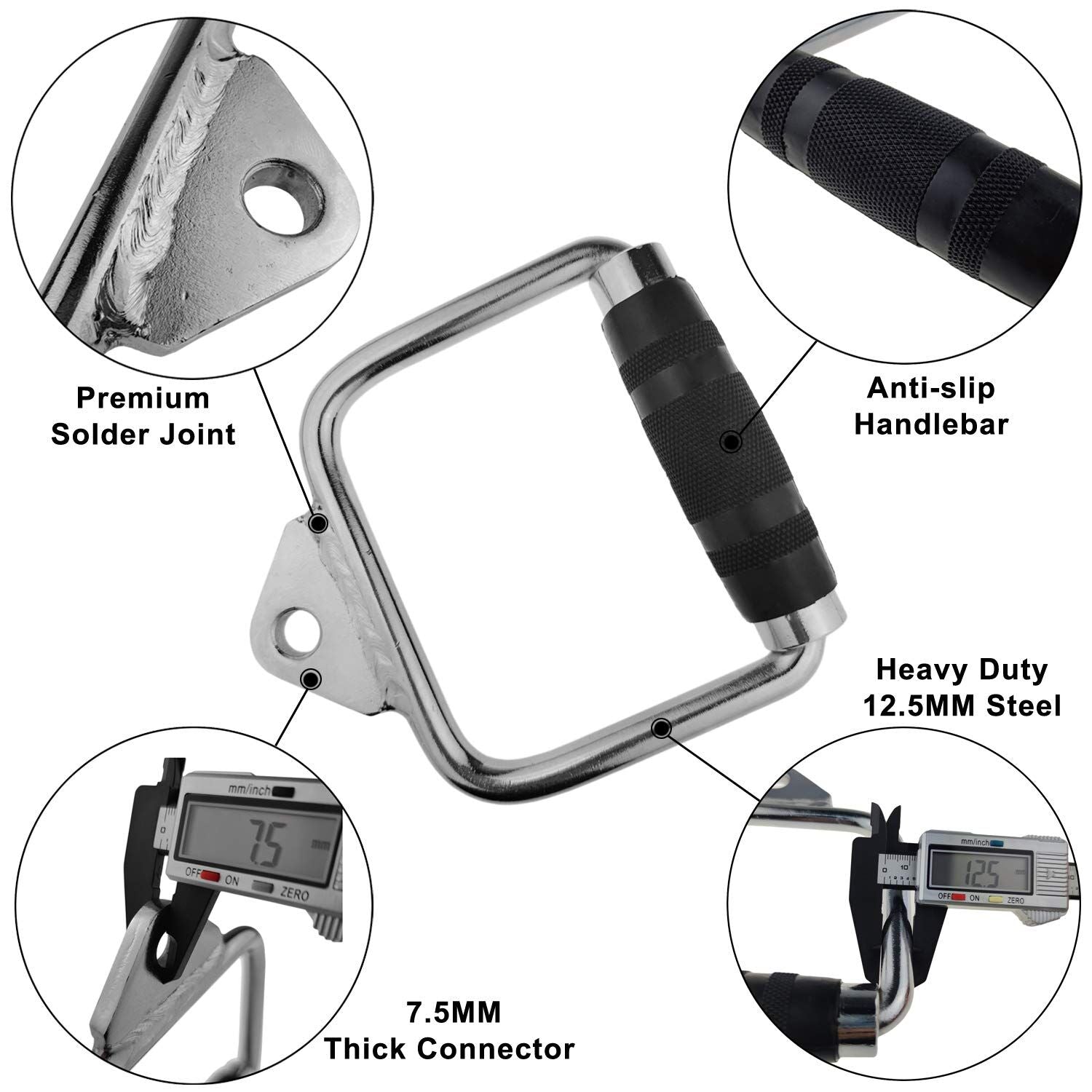 Solid D-Handle Cable Attachment for Home Gym & Cable Machine – Chrome-Finished Steel Bar with Anti-Slip Grip (Black) |