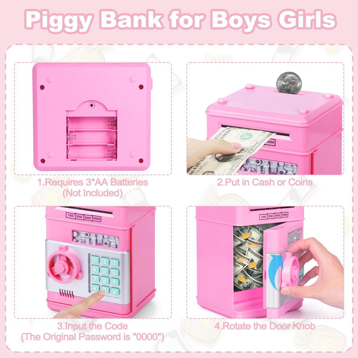 Smart ATM Piggy Bank with Password Lock & Coin Slot – Educational Money Box for Kids, Saves Coins & Bills (Pink) | Other Colors Available In-Store
