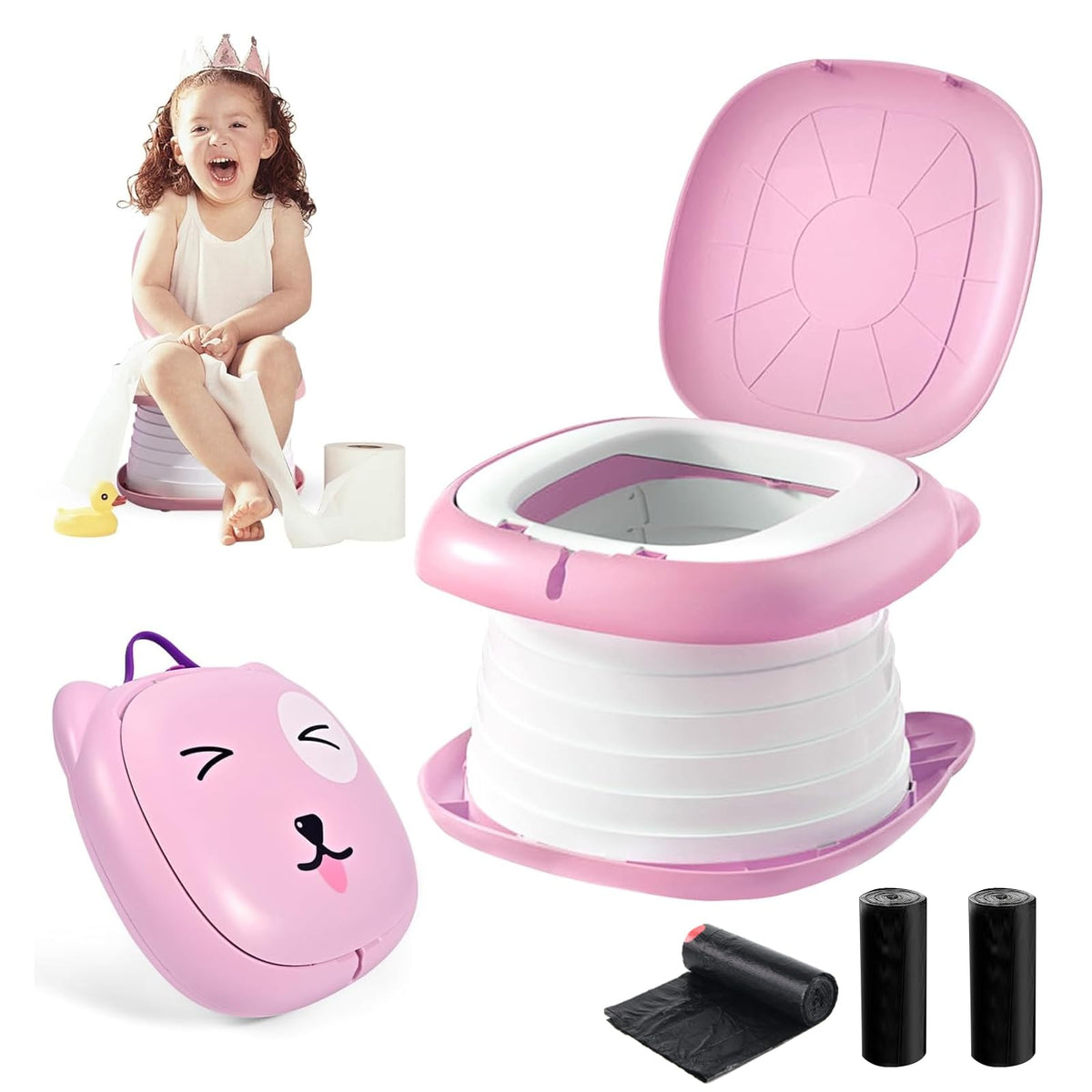 Portable Folding Potty for Toddlers – Compact Travel Toilet with Cat Design, Easy to Carry &amp; Clean, Ideal for Home, Car, Camping, Outdoor Use (Pink)