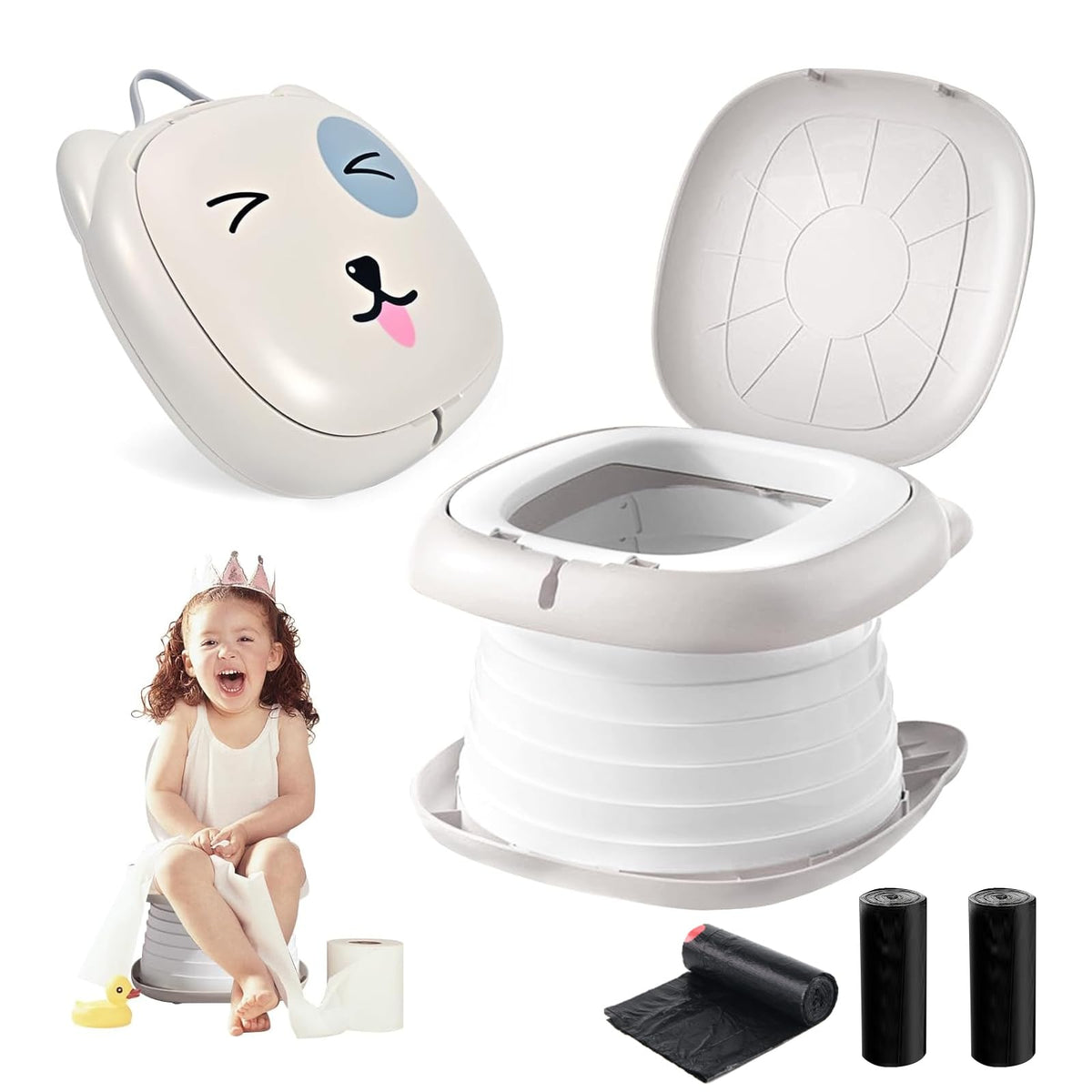 Portable Folding Potty for Toddlers – Compact Travel Toilet with Cat Design, Easy to Carry &amp; Clean, Ideal for Home, Car, Camping, Outdoor Use (Grey)