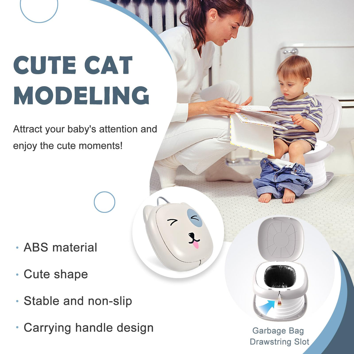 Portable Folding Potty for Toddlers – Compact Travel Toilet with Cat Design, Easy to Carry & Clean, Ideal for Home, Car, Camping, Outdoor Use (Grey)