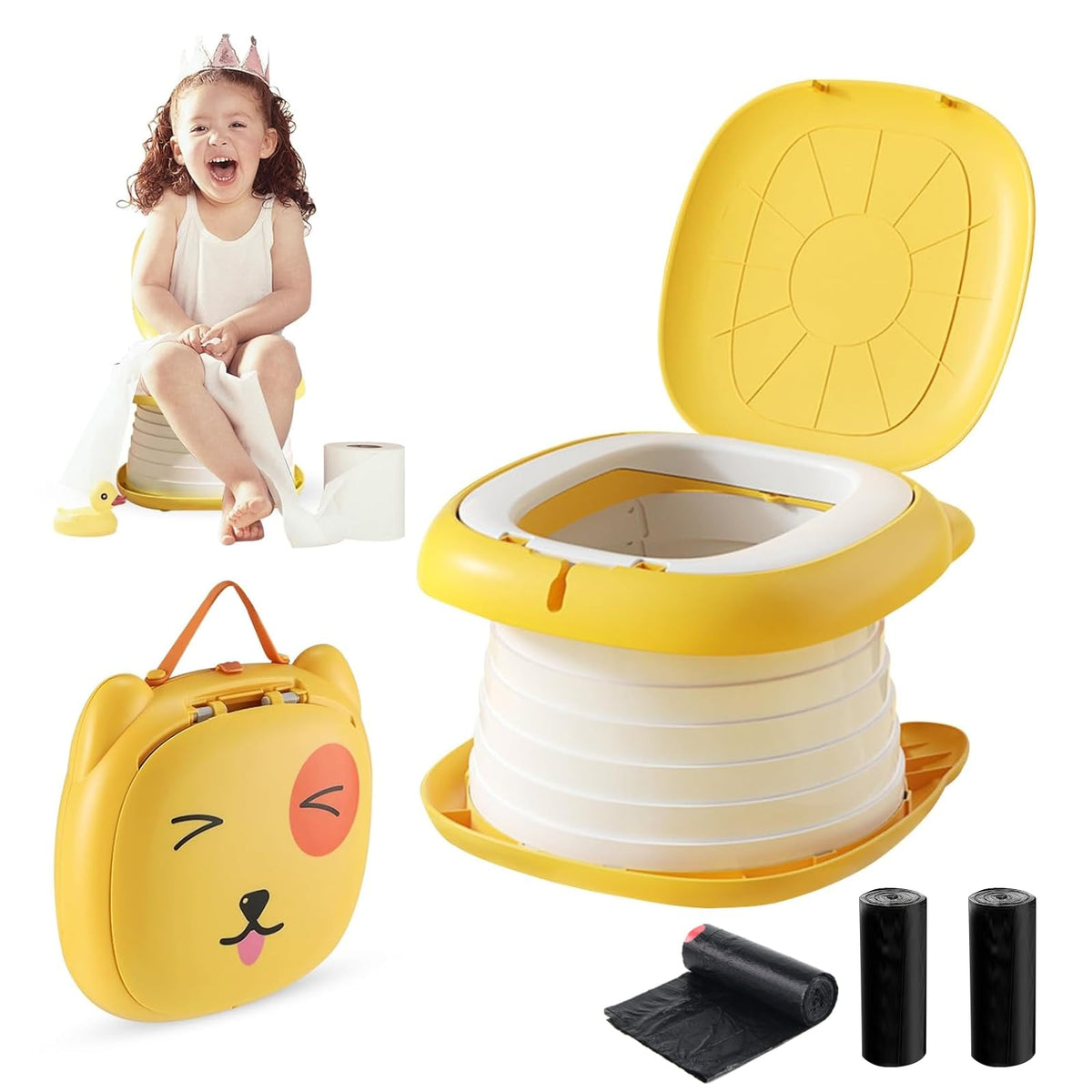 Portable Folding Potty for Toddlers – Compact Travel Toilet with Cat Design, Easy to Carry &amp; Clean, Ideal for Home, Car, Camping, Outdoor Use (Yellow)