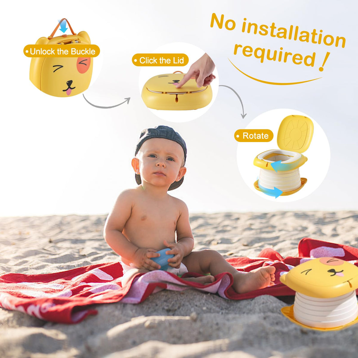 Portable Folding Potty for Toddlers – Compact Travel Toilet with Cat Design, Easy to Carry & Clean, Ideal for Home, Car, Camping, Outdoor Use (Yellow)
