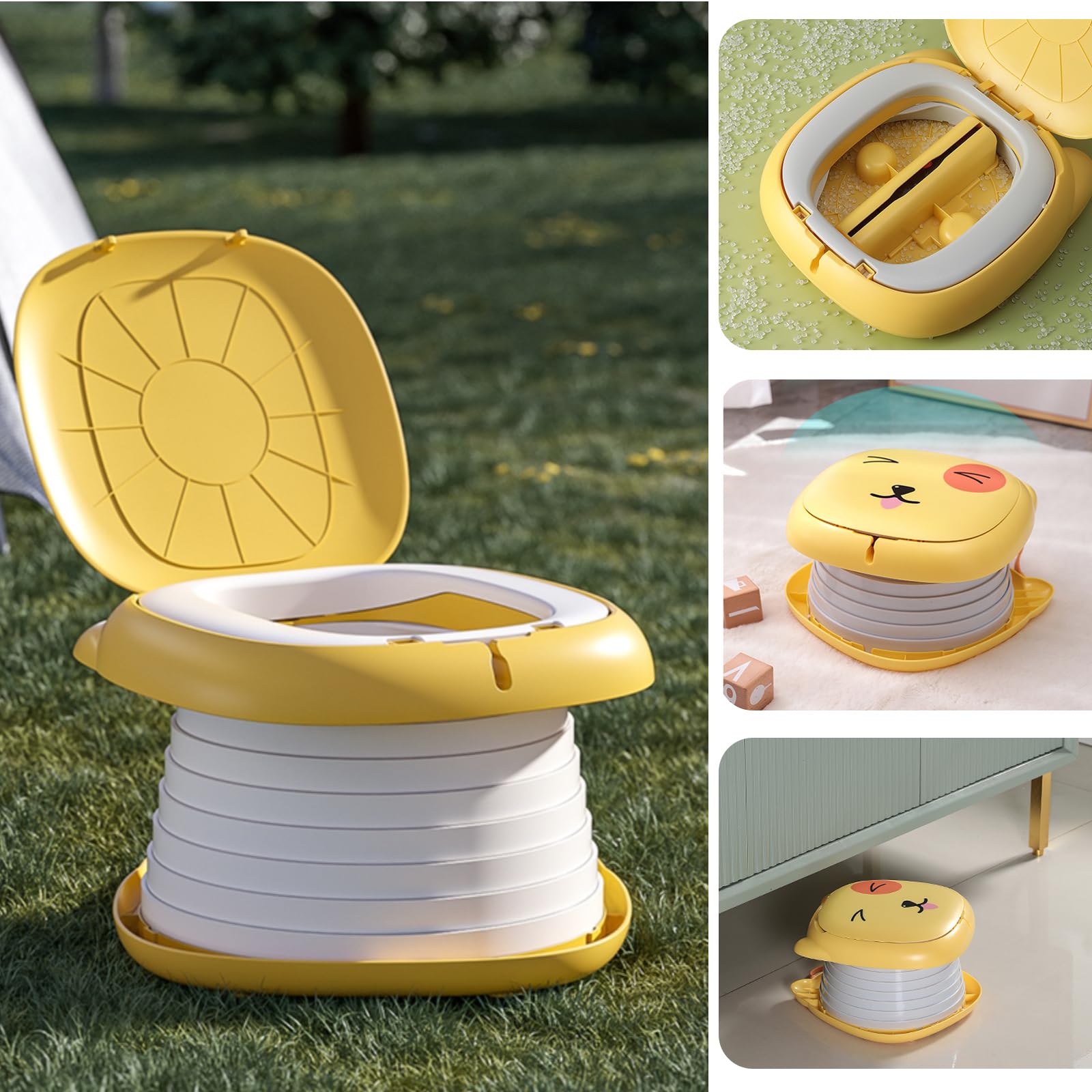Portable Folding Potty for Toddlers – Compact Travel Toilet with Cat Design, Easy to Carry & Clean, Ideal for Home, Car, Camping, Outdoor Use (Yellow)