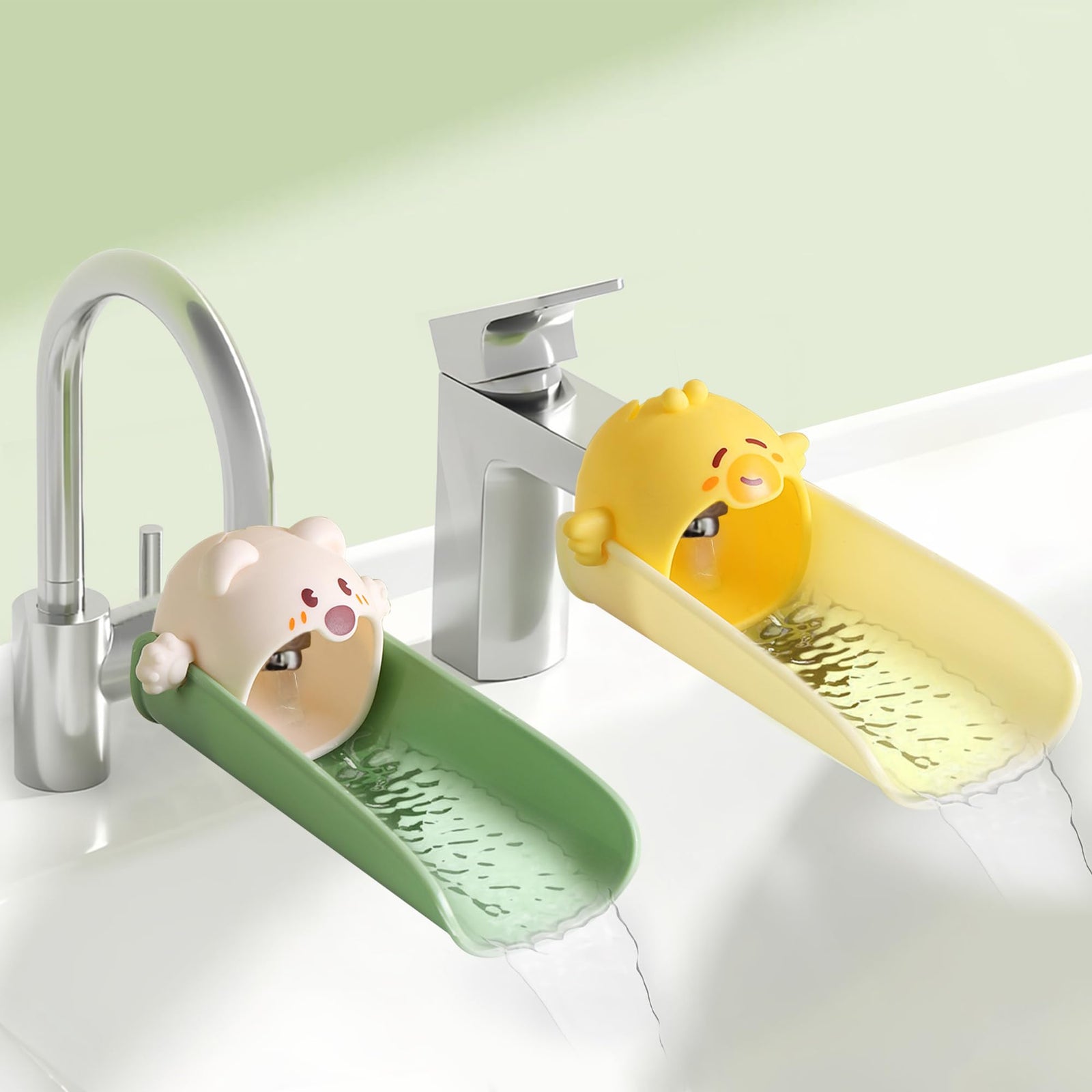 Cute Cartoon Faucet Extender for Kids – 14cm Water Flow Extension, Splash-Proof Hand Washing Aid for Toddlers, BPA-Free, Compatible with Most Kitchen and Bathroom Faucets (Yellow & Green)