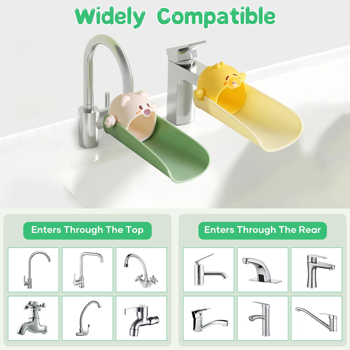 Cute Cartoon Faucet Extender for Kids – 14cm Water Flow Extension, Splash-Proof Hand Washing Aid for Toddlers, BPA-Free, Compatible with Most Kitchen and Bathroom Faucets (Yellow & Green)