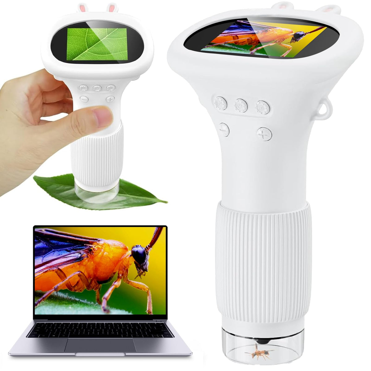 Student Digital Microscope for Kids – Portable 1000x Magnification Handheld Scope with 2 Inch HD Screen, LED Light & Photo Storage, Ideal for Science Class and Outdoor Exploration (White)