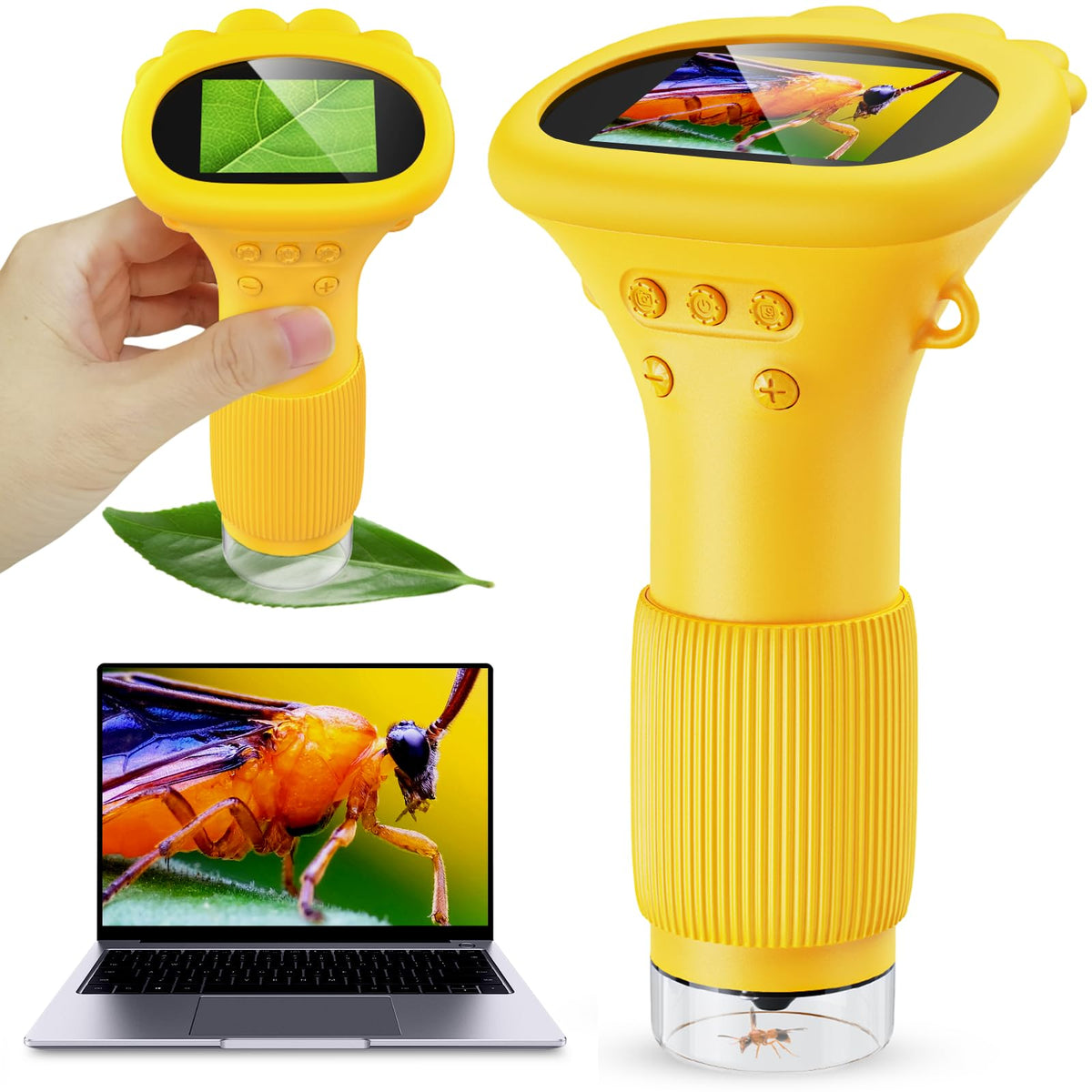 Student Digital Microscope for Kids – Portable 1000x Magnification Handheld Scope with 2 Inch HD Screen, LED Light &amp; Photo Storage, Ideal for Science Class and Outdoor Exploration (Yellow)