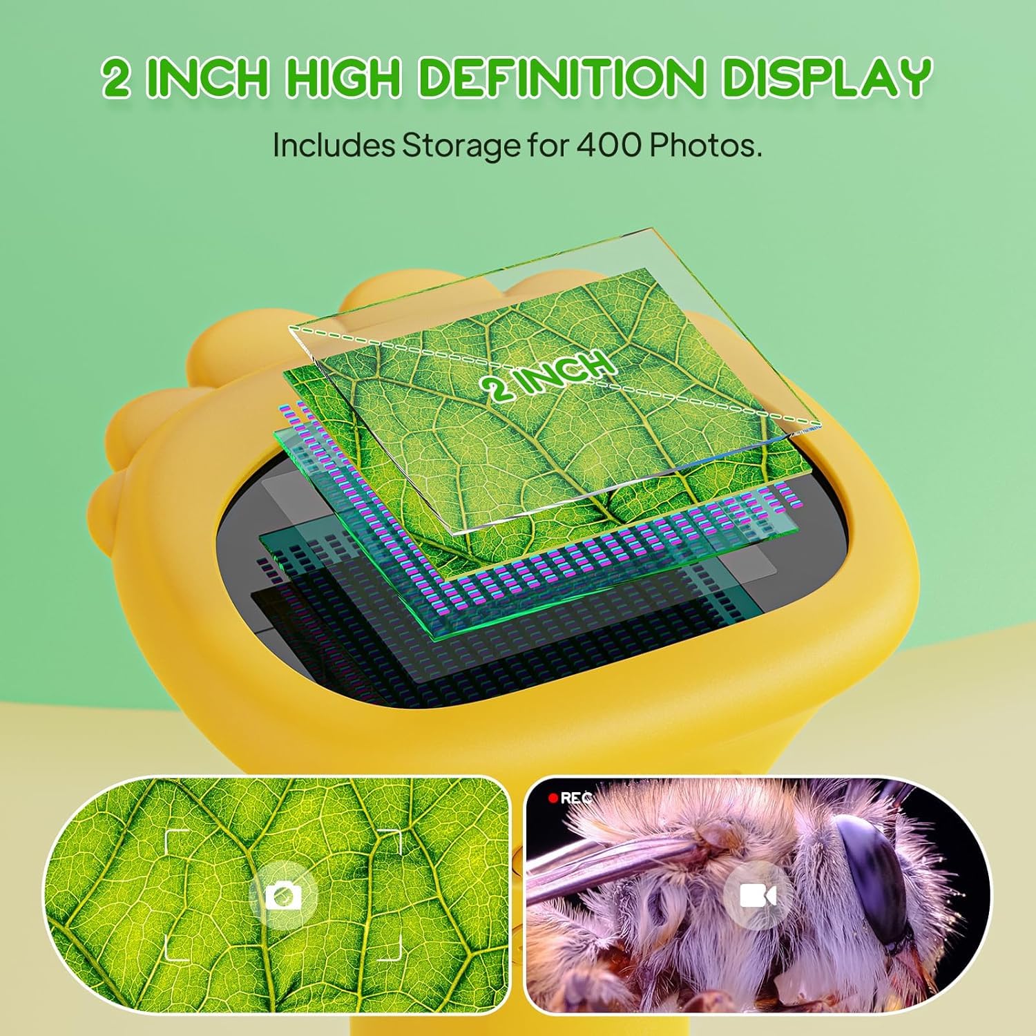 Student Digital Microscope for Kids – Portable 1000x Magnification Handheld Scope with 2 Inch HD Screen, LED Light & Photo Storage, Ideal for Science Class and Outdoor Exploration (Yellow)