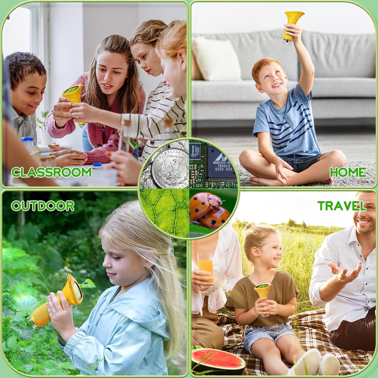 Student Digital Microscope for Kids – Portable 1000x Magnification Handheld Scope with 2 Inch HD Screen, LED Light & Photo Storage, Ideal for Science Class and Outdoor Exploration (Yellow)