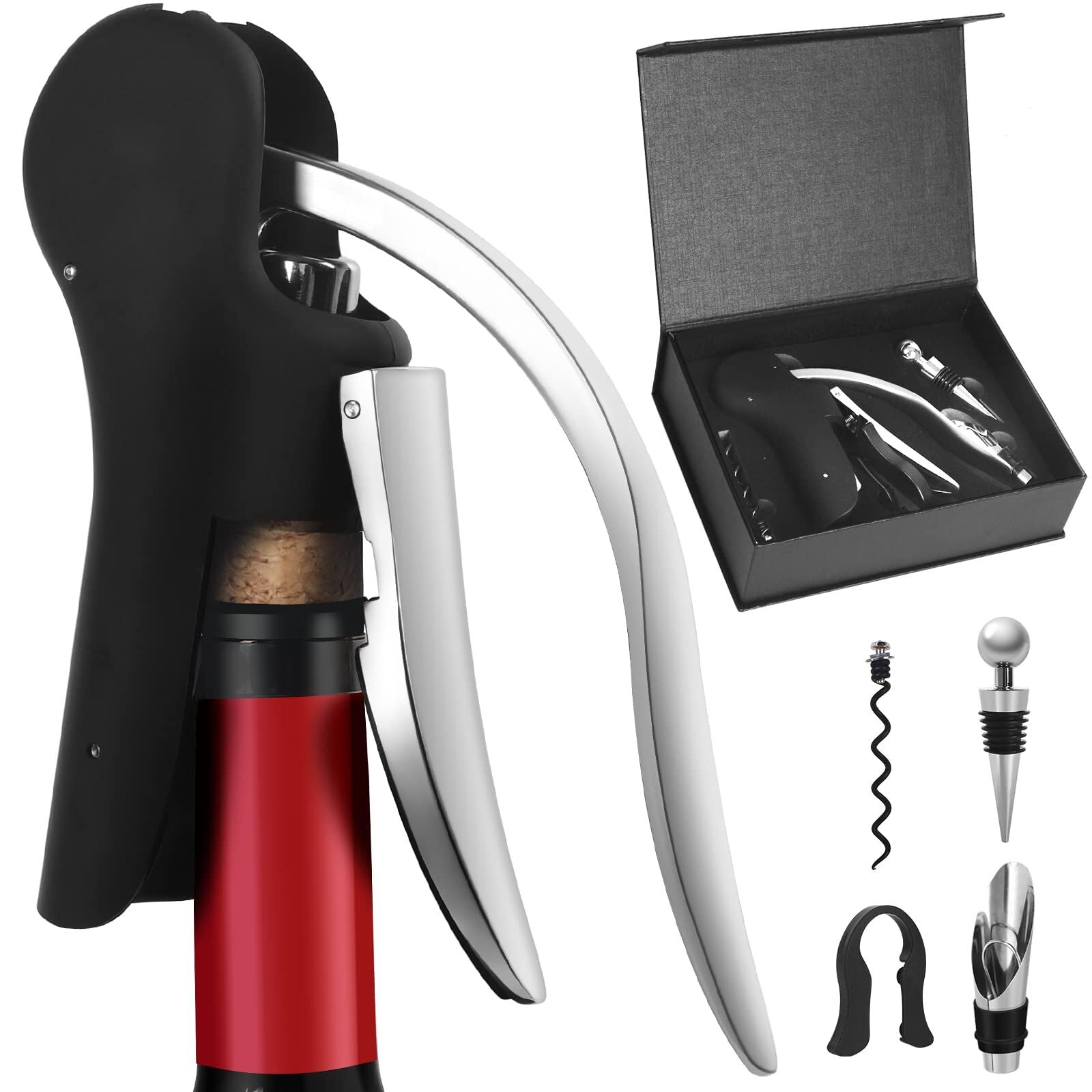 Goose-Style Rapid Wine Opener Set 20 x 13 cm – Heavy-Duty Lever Corkscrew with Foil Cutter, Pourer, Stopper, and Extra Spiral Worm – Premium Stainless Steel Wine Kit in Gift Box (Black)