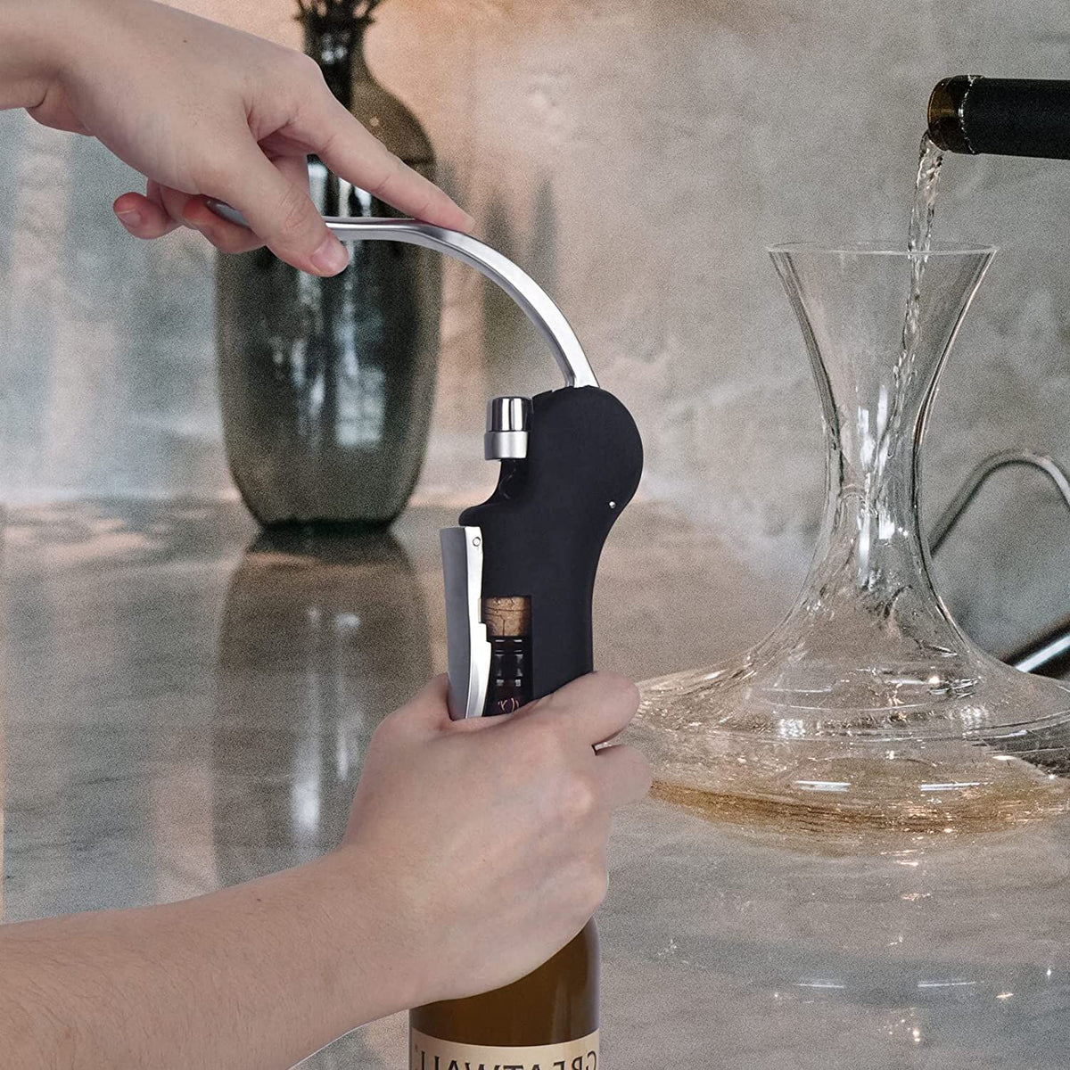 Goose-Style Rapid Wine Opener Set 20 x 13 cm – Heavy-Duty Lever Corkscrew with Foil Cutter, Pourer, Stopper, and Extra Spiral Worm – Premium Stainless Steel Wine Kit in Gift Box (Black)