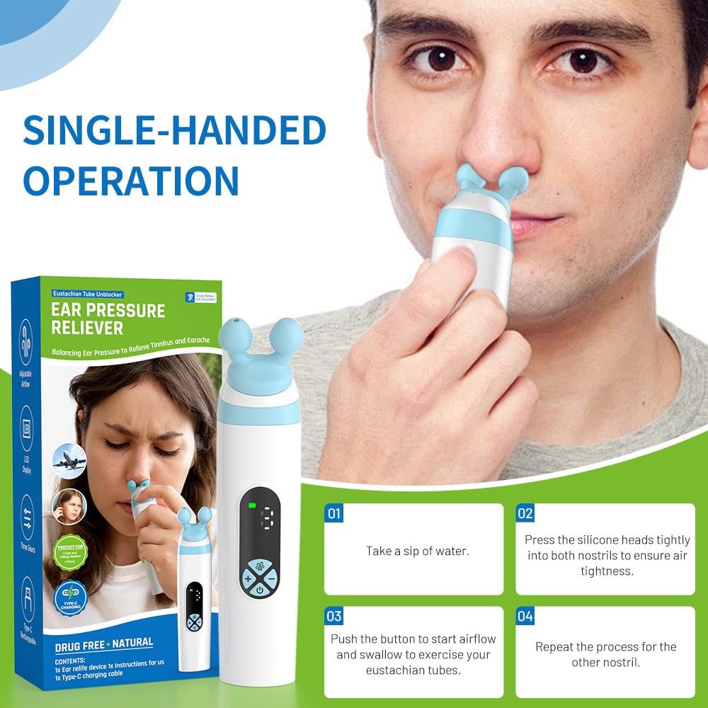 Electric Ear Pressure Relief Device – 3-Mode Adjustable Airflow for Travel, Diving & Altitude – Eustachian Tube Unblocker with LED Display & Type-C Charging (White)