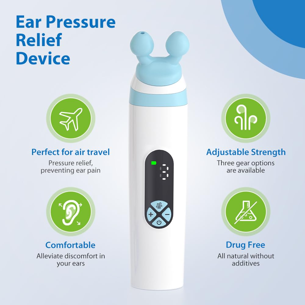 Electric Ear Pressure Relief Device – 3-Mode Adjustable Airflow for Travel, Diving & Altitude – Eustachian Tube Unblocker with LED Display & Type-C Charging (White)
