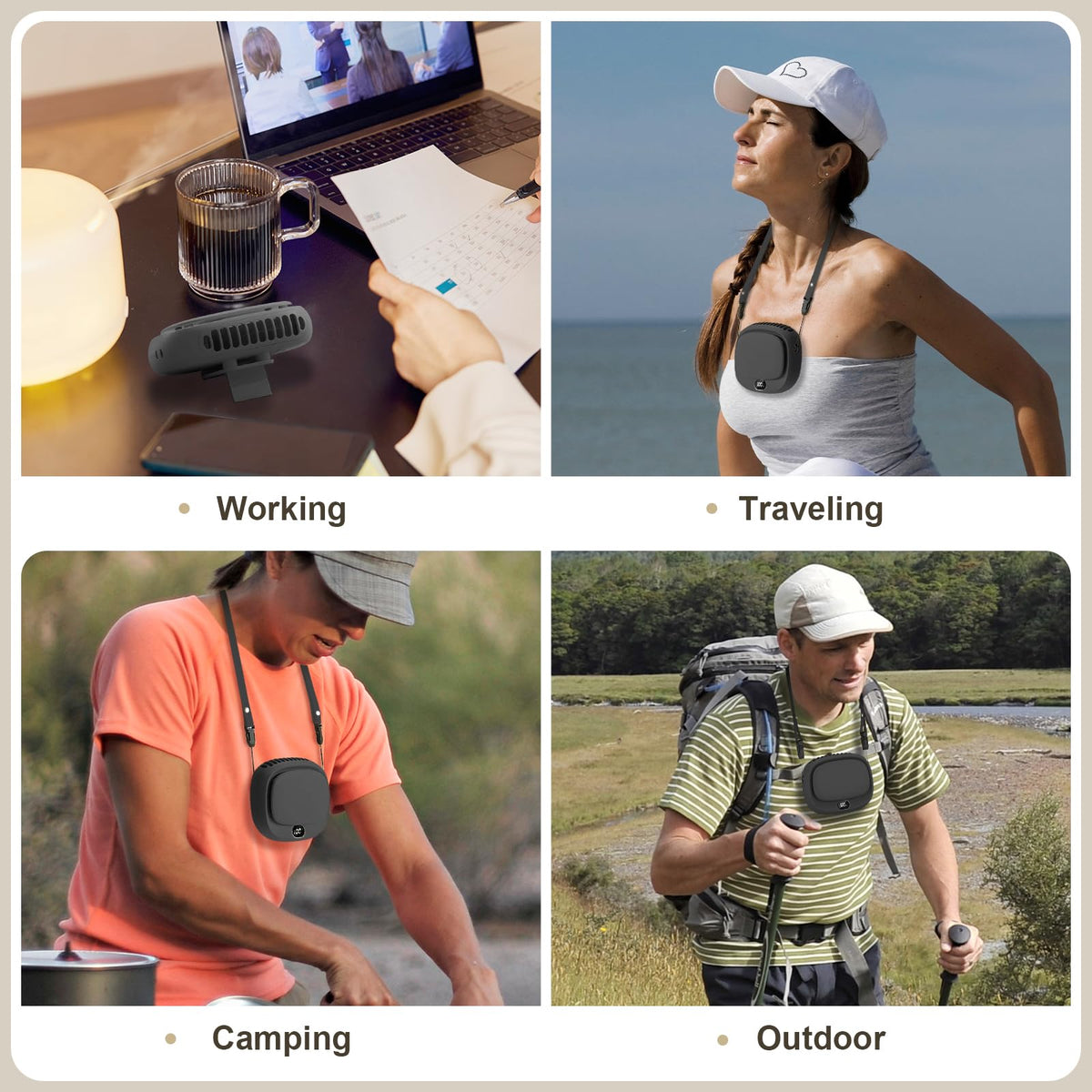 Portable Neck Fan with 5 Speeds – Rechargeable USB Mini Fan for Outdoor Travel, Work & Camping – Silent Personal Cooling Fan (Black)