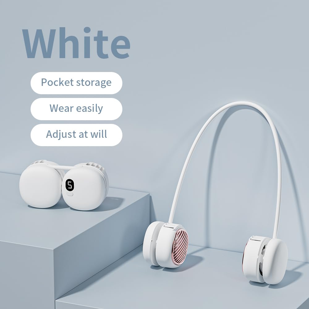 Portable Neck Fan with 5-Speed Adjustable Cooling – Lightweight Rechargeable Bladeless Fan for Travel, Outdoor, Gym, Office Use – Ultra-Quiet & Foldable (White)