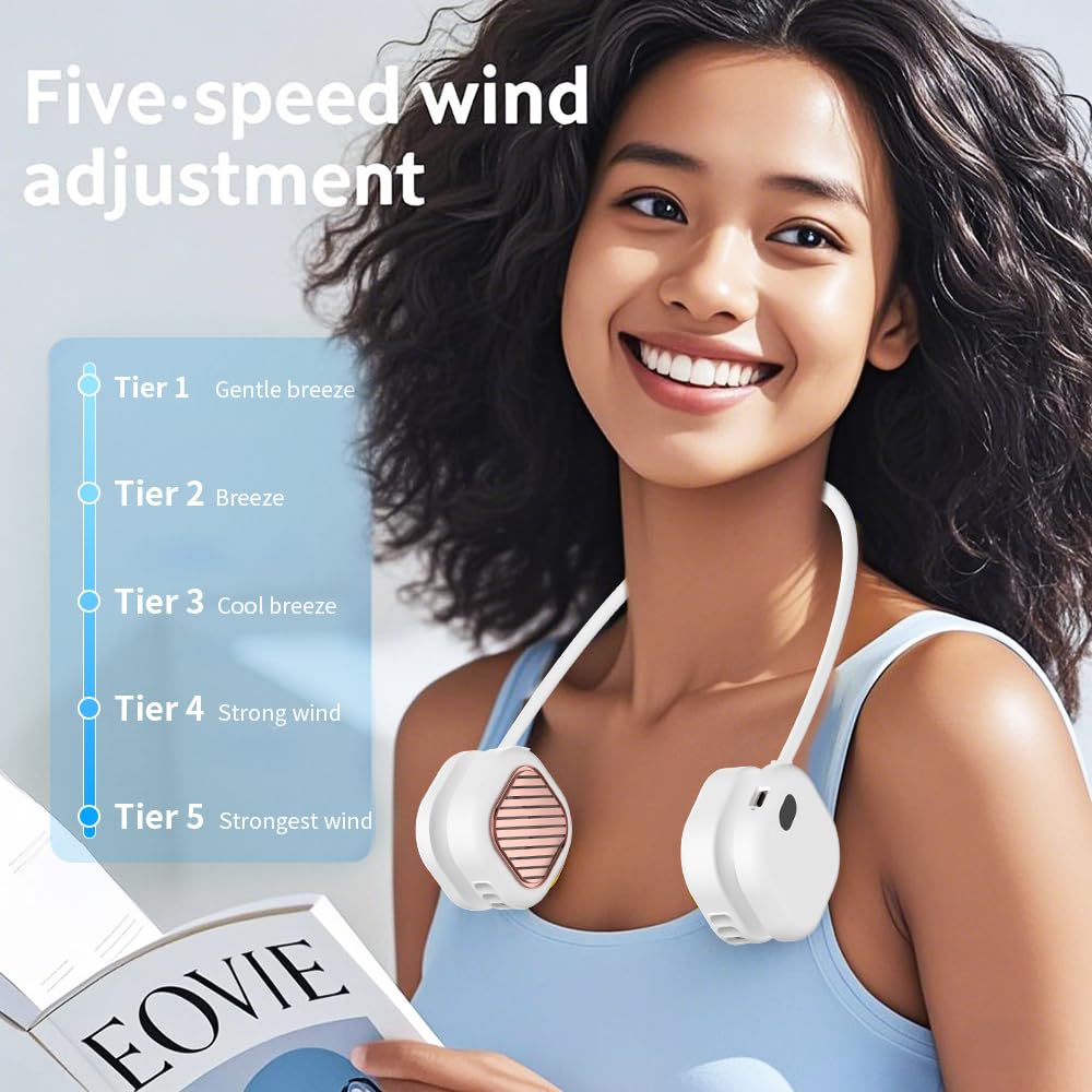 Portable Neck Fan with 5-Speed Adjustable Cooling – Lightweight Rechargeable Bladeless Fan for Travel, Outdoor, Gym, Office Use – Ultra-Quiet & Foldable (White)