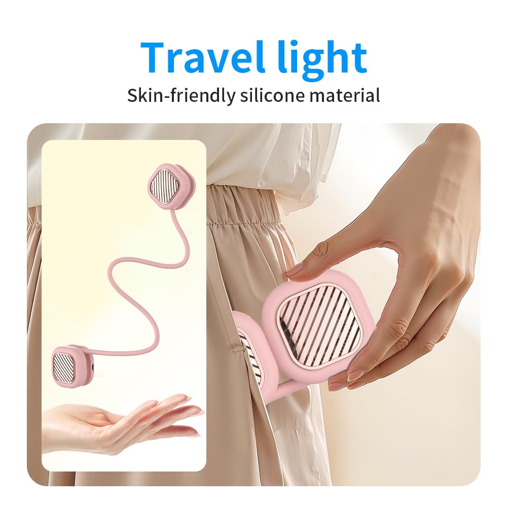 Portable Neck Fan with 5-Speed Adjustable Cooling – Lightweight Rechargeable Bladeless Fan for Travel, Outdoor, Gym, Office Use – Ultra-Quiet & Foldable (Pink)