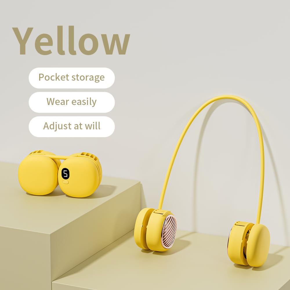 Portable Neck Fan with 5-Speed Adjustable Cooling – Lightweight Rechargeable Bladeless Fan for Travel, Outdoor, Gym, Office Use – Ultra-Quiet & Foldable (Yellow)