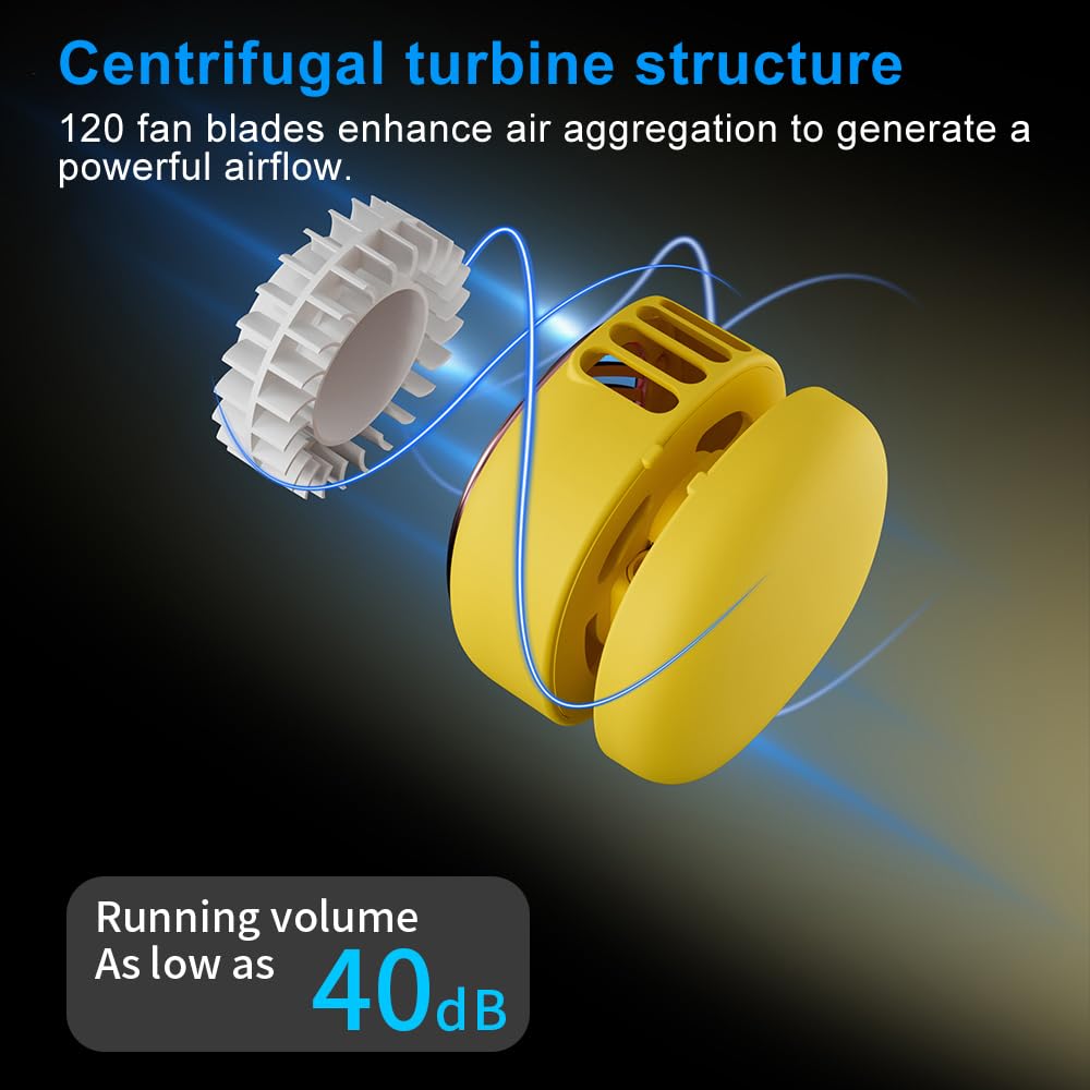 Portable Neck Fan with 5-Speed Adjustable Cooling – Lightweight Rechargeable Bladeless Fan for Travel, Outdoor, Gym, Office Use – Ultra-Quiet & Foldable (Yellow)