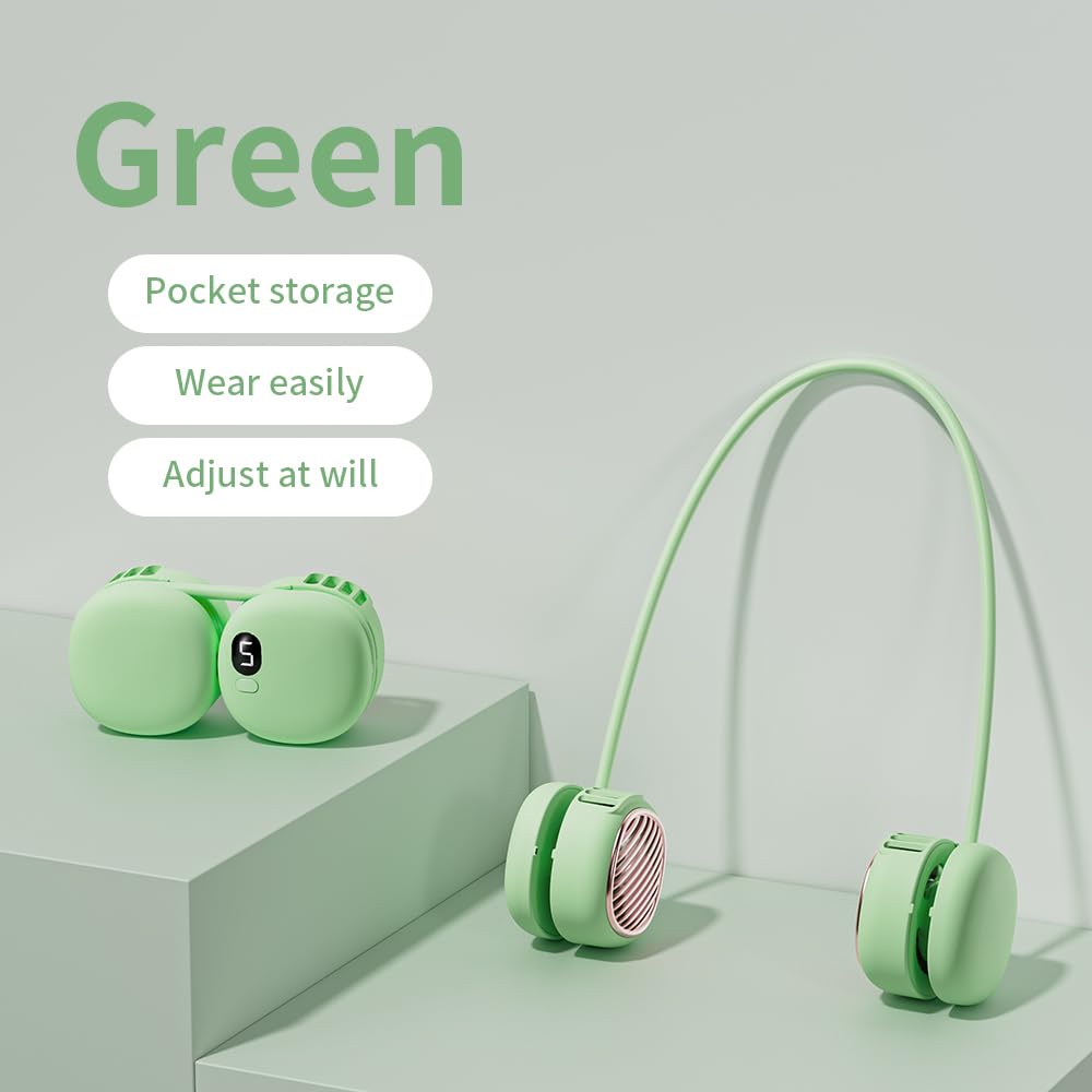 Portable Neck Fan with 5-Speed Adjustable Cooling – Lightweight Rechargeable Bladeless Fan for Travel, Outdoor, Gym, Office Use – Ultra-Quiet & Foldable (Green)