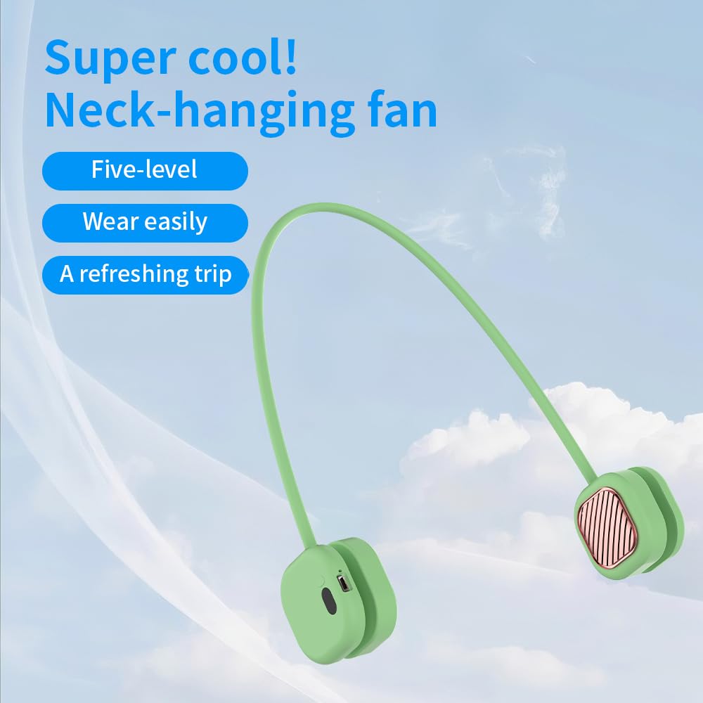 Portable Neck Fan with 5-Speed Adjustable Cooling – Lightweight Rechargeable Bladeless Fan for Travel, Outdoor, Gym, Office Use – Ultra-Quiet & Foldable (Green)