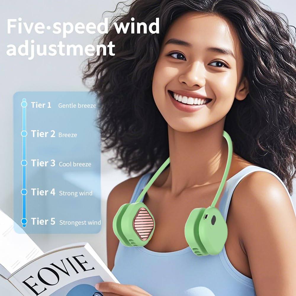 Portable Neck Fan with 5-Speed Adjustable Cooling – Lightweight Rechargeable Bladeless Fan for Travel, Outdoor, Gym, Office Use – Ultra-Quiet & Foldable (Green)