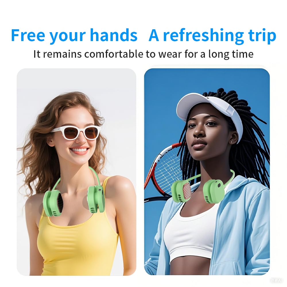 Portable Neck Fan with 5-Speed Adjustable Cooling – Lightweight Rechargeable Bladeless Fan for Travel, Outdoor, Gym, Office Use – Ultra-Quiet & Foldable (Green)