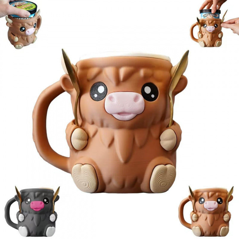 Modern Highland Cow Ice Pint Holder – Fun Animal Mug with Secret Snack Drawer, Lid Holders, and Wide Opening(Black)