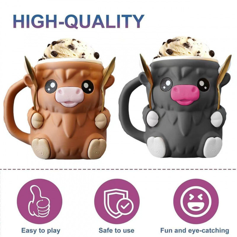 Modern Highland Cow Ice Pint Holder – Fun Animal Mug with Secret Snack Drawer, Lid Holders, and Wide Opening(Black)