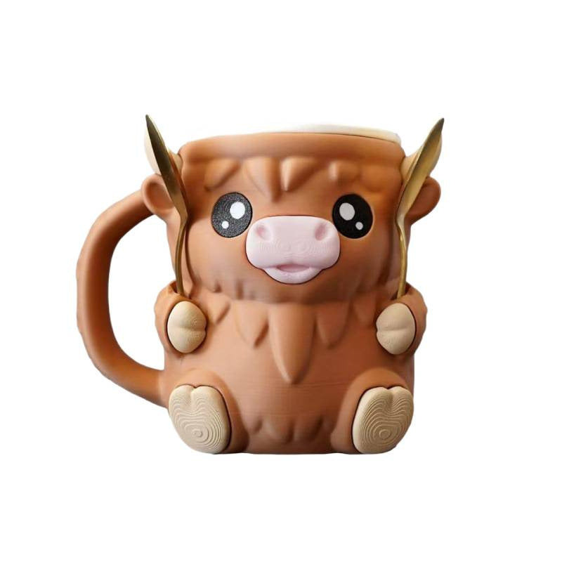 Modern Highland Cow Ice Pint Holder – Fun Animal Mug with Secret Snack Drawer, Lid Holders, and Wide Opening(Brown)