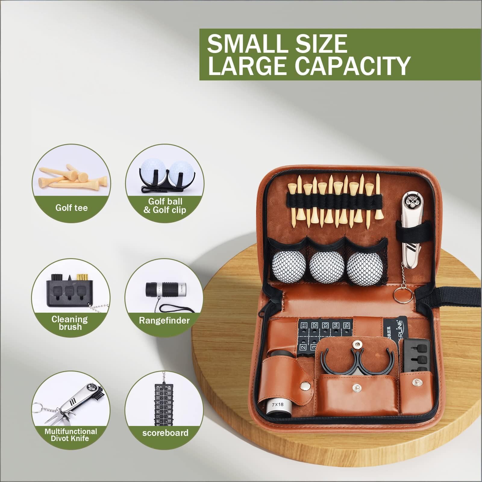 Premium Golf Accessory Kit with Rangefinder, Tees, Balls & 6-in-1 Divot Tool – Brown Leather Case for Men and Women (Brown)