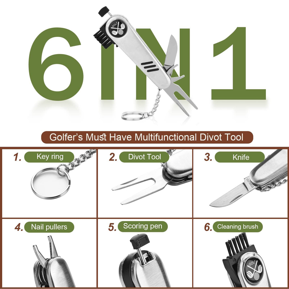 Premium Golf Accessory Kit with Rangefinder, Tees, Balls & 6-in-1 Divot Tool – Brown Leather Case for Men and Women (Brown)