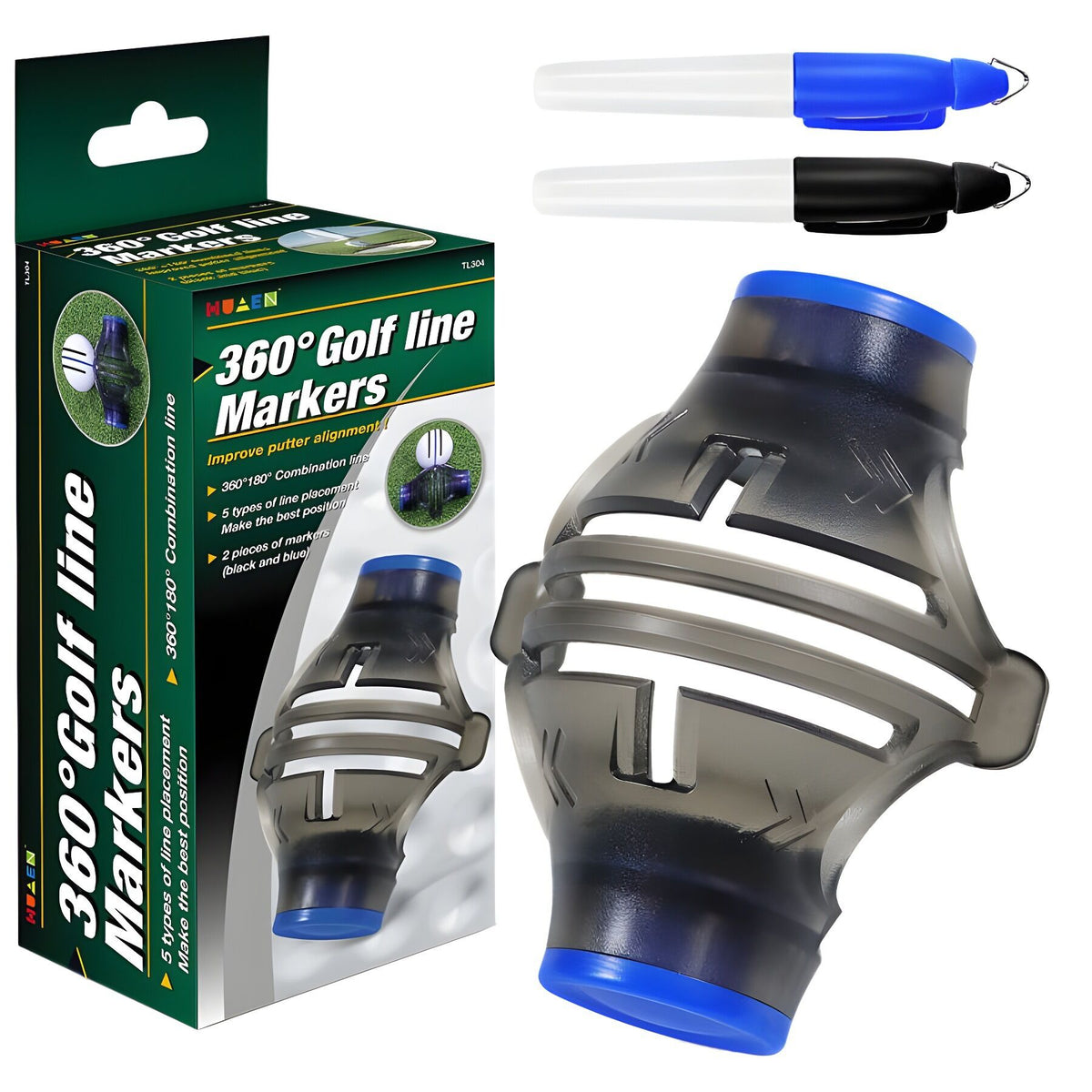 360° Golf Ball Line Marker with 2 Pens – Full Coverage Alignment Tool for Putt, Driver &amp; Irons (Blue)