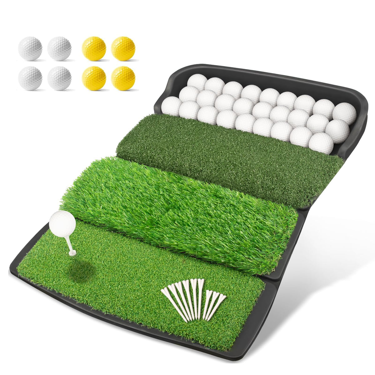Foldable 4-in-1 Golf Practice Mat with Ball Tray – 24.5x17in Tri-Turf Hitting Pad for Indoor &amp; Outdoor Training, Includes 8 Balls &amp; 9 Tees (Green)