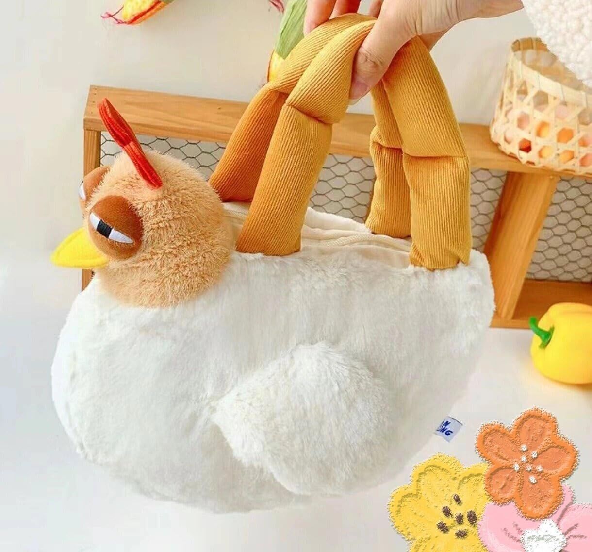 Cute Chicken Plush Handbag – White & Brown Kawaii Animal Tote for Girls & Women | Fun Gift Idea