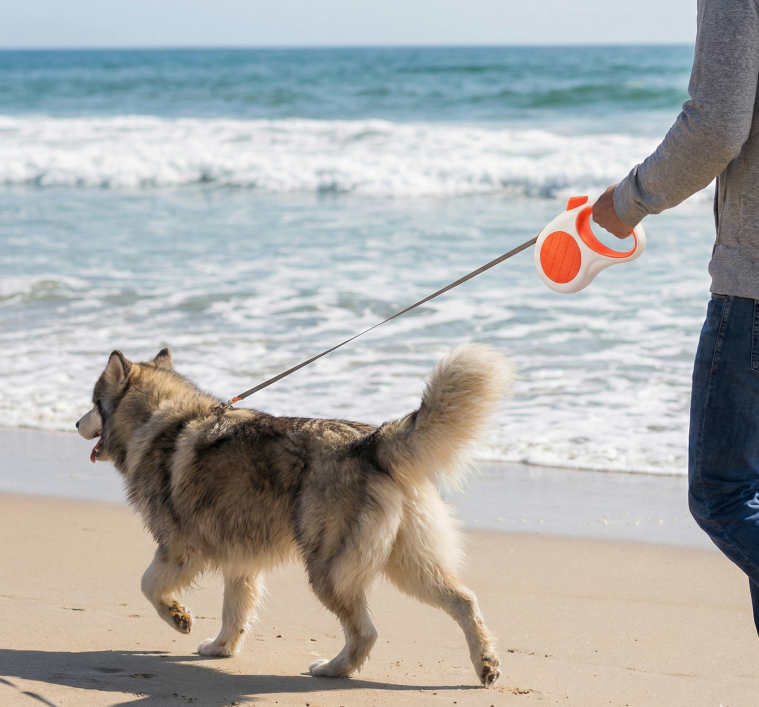 Retractable Dog Leash – 16.5 ft Automatic Walking Lead with One-Hand Brake Lock & Anti-Tangle Nylon Tape – Heavy-Duty 55 lb Capacity – Ideal for Small to Medium Dogs (White & Orange)