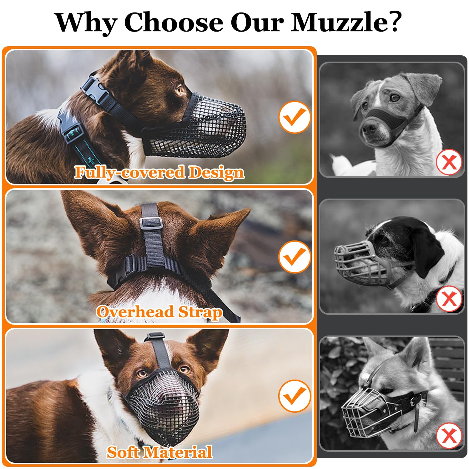 Soft Mesh Dog Muzzle for Small Medium Large Dogs – Breathable Adjustable Anti-Bite Chewing Guard with Overhead Strap – Fits Labrador, German Shepherd, Golden Retriever – 5 Sizes (Grey,L)