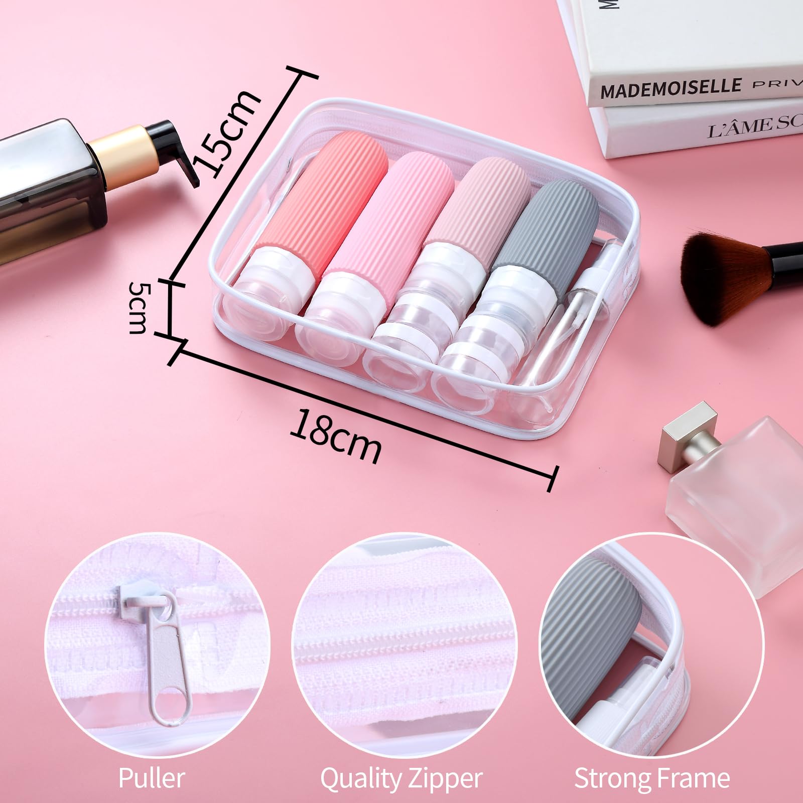 16-Piece Travel Bottle Set with Leak-Proof Silicone Squeeze Bottles – Reusable Toiletry Containers for Shampoo, Lotion, Makeup Remover (Pink)  | Other Colors Available in Store