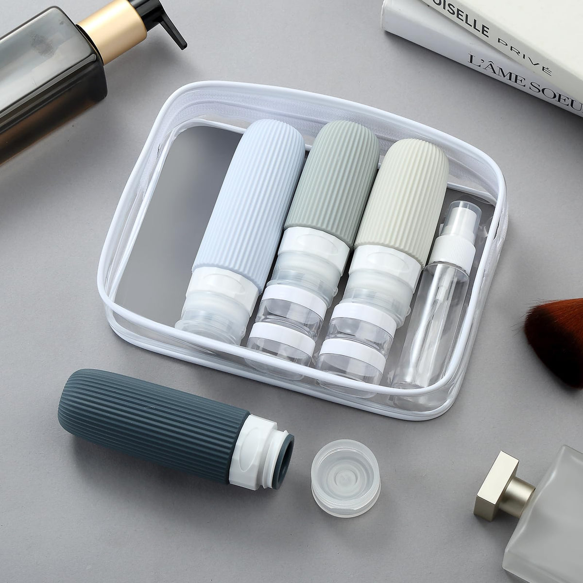 16-Piece Travel Bottle Set with Leak-Proof Silicone Squeeze Bottles – Reusable Toiletry Containers for Shampoo, Lotion, Makeup Remover (Grey)  | Other Colors Available in Store