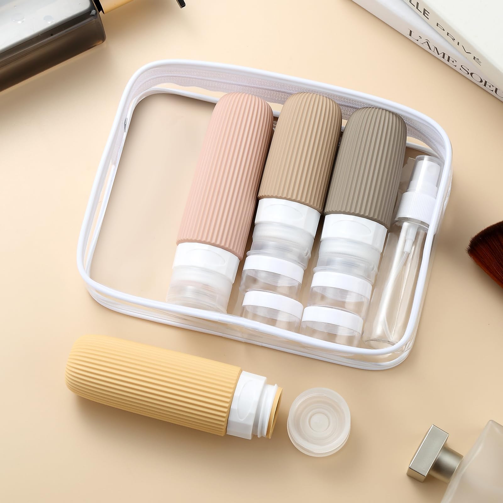 16-Piece Travel Bottle Set with Leak-Proof Silicone Squeeze Bottles – Reusable Toiletry Containers for Shampoo, Lotion, Makeup Remover (Apricot)  | Other Colors Available in Store