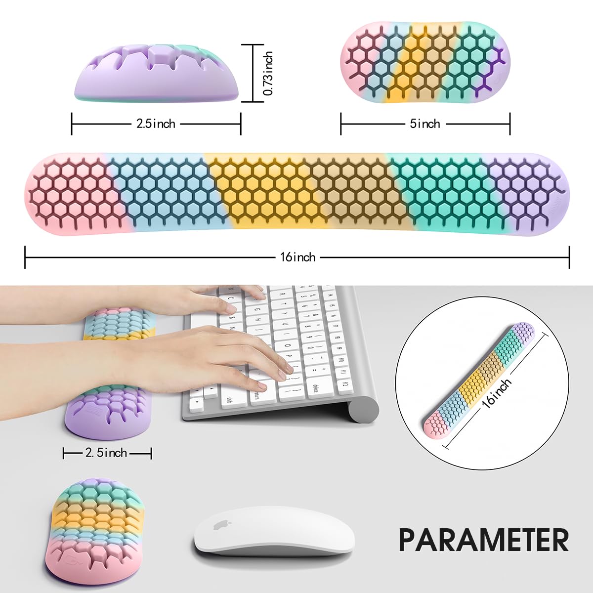Ergonomic Silicone Wrist Rest Set – Keyboard & Mouse Support Pad with Honeycomb Design for Office, Gaming, and Home Use (Rainbow)