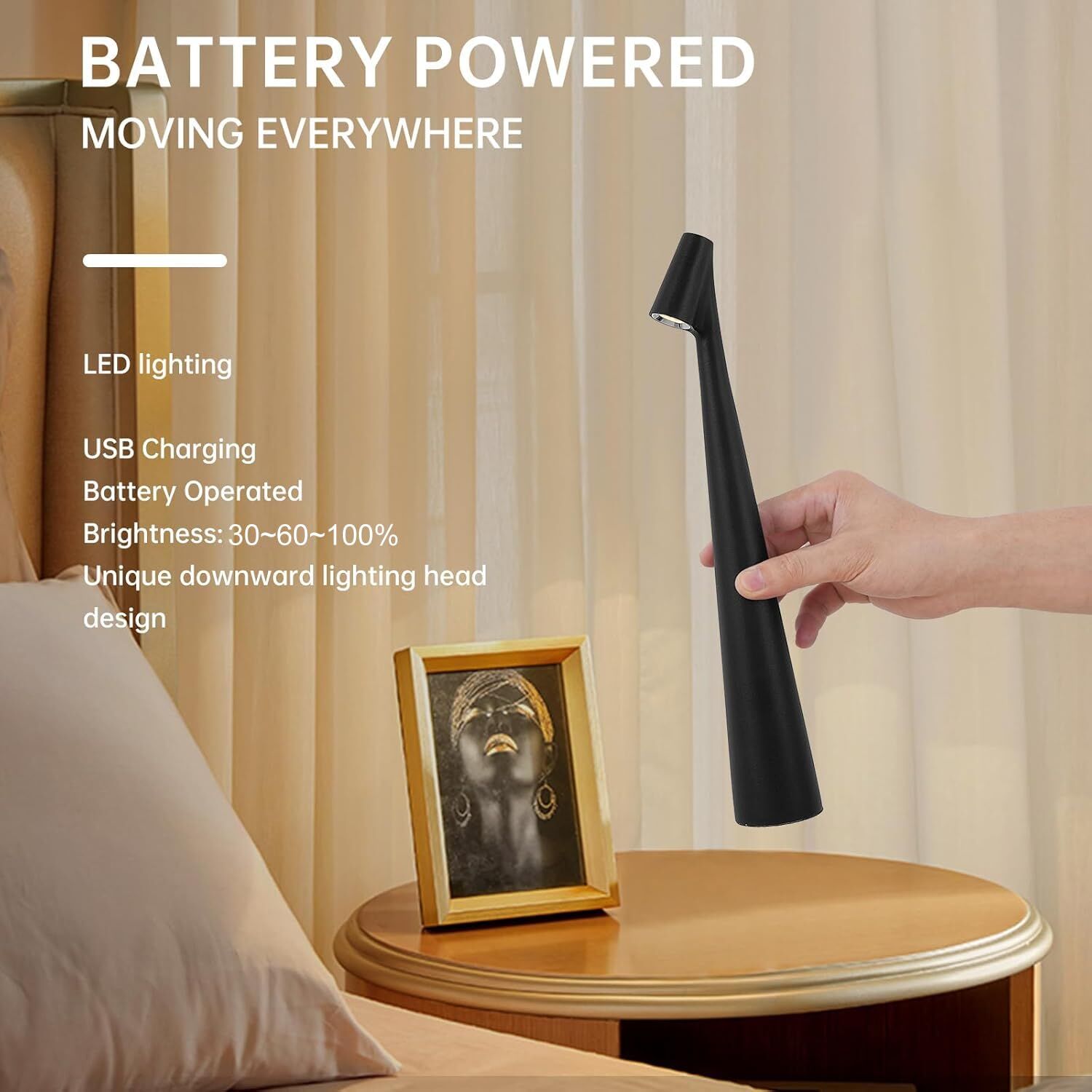 Portable LED Table Lamp 13.5" H – Touch Control, 3 Brightness Levels, Rechargeable Desk Light for Bedroom, Outdoor, Gift (Black) | Other Colors Available in Store