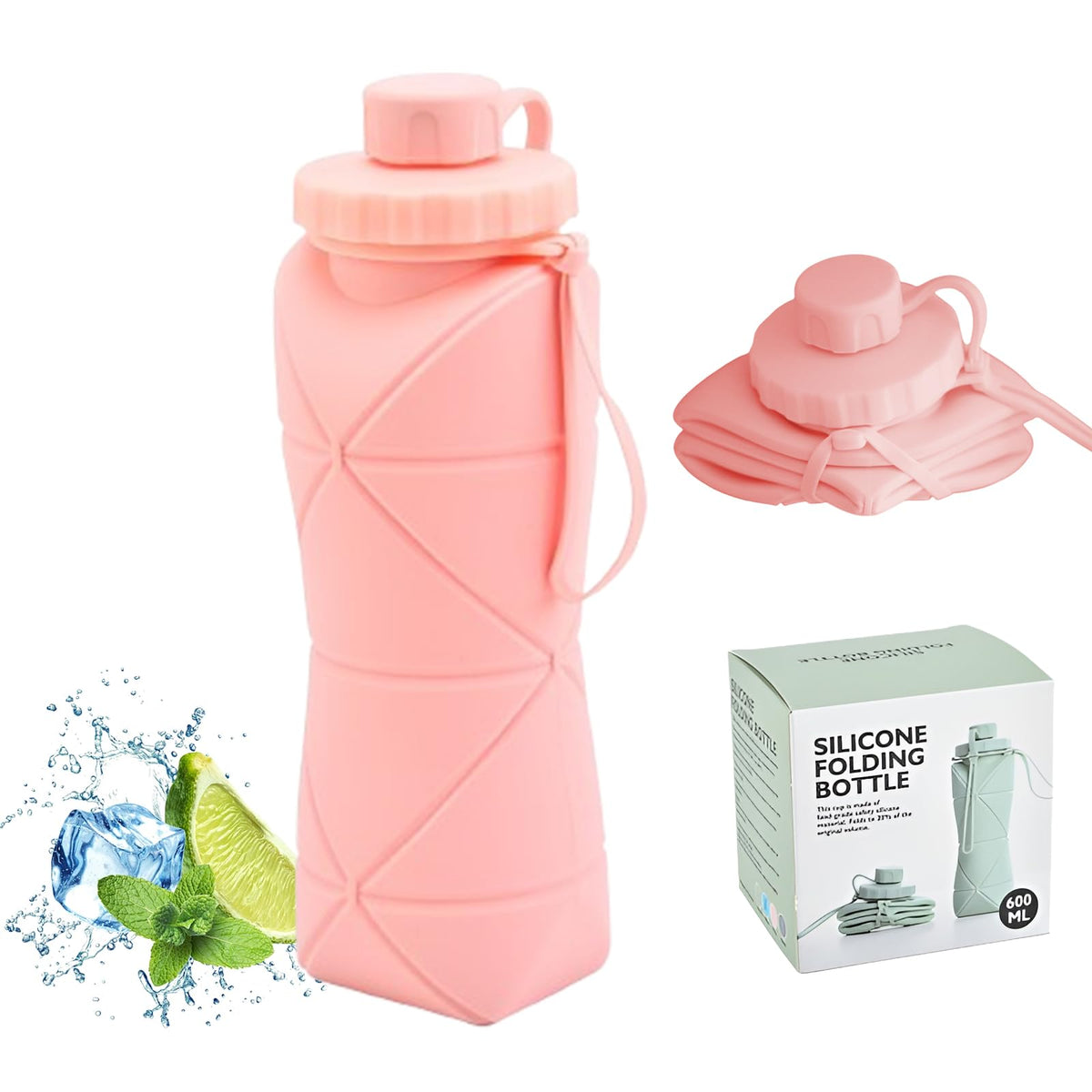 Collapsible Silicone Water Bottle 600ML – Foldable, Leak-Proof, BPA-Free, Portable Outdoor Sports Bottle with Carrying Strap – Compact Design for Hiking, Gym, Travel (Pink)