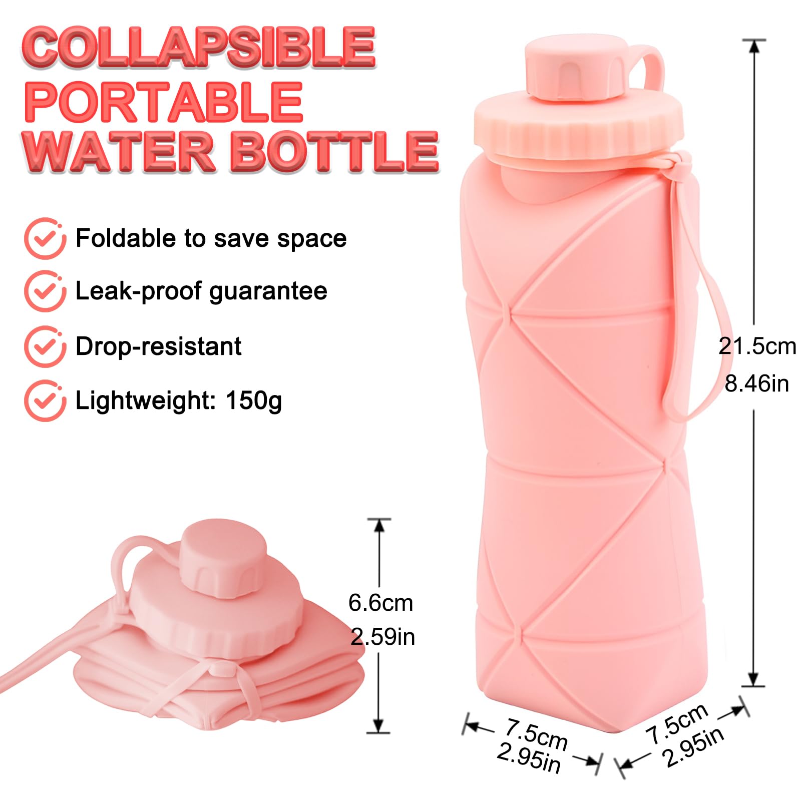 Collapsible Silicone Water Bottle 600ML – Foldable, Leak-Proof, BPA-Free, Portable Outdoor Sports Bottle with Carrying Strap – Compact Design for Hiking, Gym, Travel (Pink)